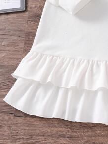 Váy dài vừa phải cho nữ, cổ bo gân, thêu nơ ở ngực, thiết kế viền xếp nếp đôi - trắng - Xem 5