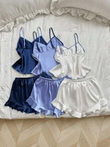 SHEIN 3件套女士撞色荷叶边仿丝服装套装