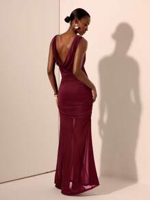 Zivah 2025 春夏新款音乐节、复活节、圣帕特里克节、西部风、游牧风、生日派对、毕业典礼、学院风、学生装、日常休闲、百搭百搭、休闲、邮轮旅行、海滩、日光浴、病毒式、街头服饰、婚礼宾客服装、通勤风格无袖圆领褶饰网眼双层侧褶拼接超长黑色连衣裙 - 酒紅色 - 查看 2