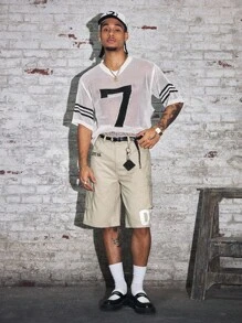 AXEPEAK 男士数字条纹镂空V领短袖针织上衣 - 白色 - 查看 5