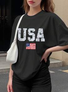 SHEIN 休闲简约美国国旗和字母图案黑色针织超大 T 恤，适合夏季少女上衣、衬衫、图案 T 恤，彰显市中心女孩的审美 - 彩色 - 查看 2