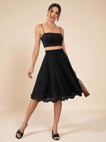 Amorya Scallop Laser Cut Hem Skirt Fall/Winter Women Clothes Back To School Modest Vintage Old Money Teacher Outfits For Women Airport Business Casual Woman Night Out Teacher Outfits For Women Church Outfits Women - Black - View 4