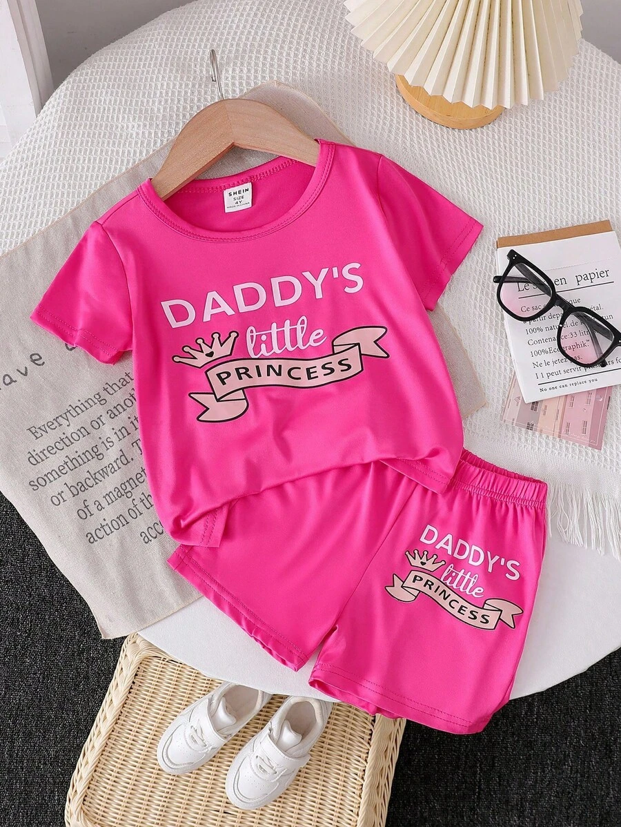 SHEIN Explorewe 2pcs Young Girls Fuchsia Cute Letter Graphic Short Sleeve T-Shirt And Fashionable Shorts Set, Summer - Hot Pink - View 1