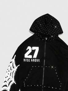 ROMWE MEN Street Life Men's Loose Fit Applique Spider Web Graphic Zip Up Hooded Sweatshirt , Fall - Black - View 4