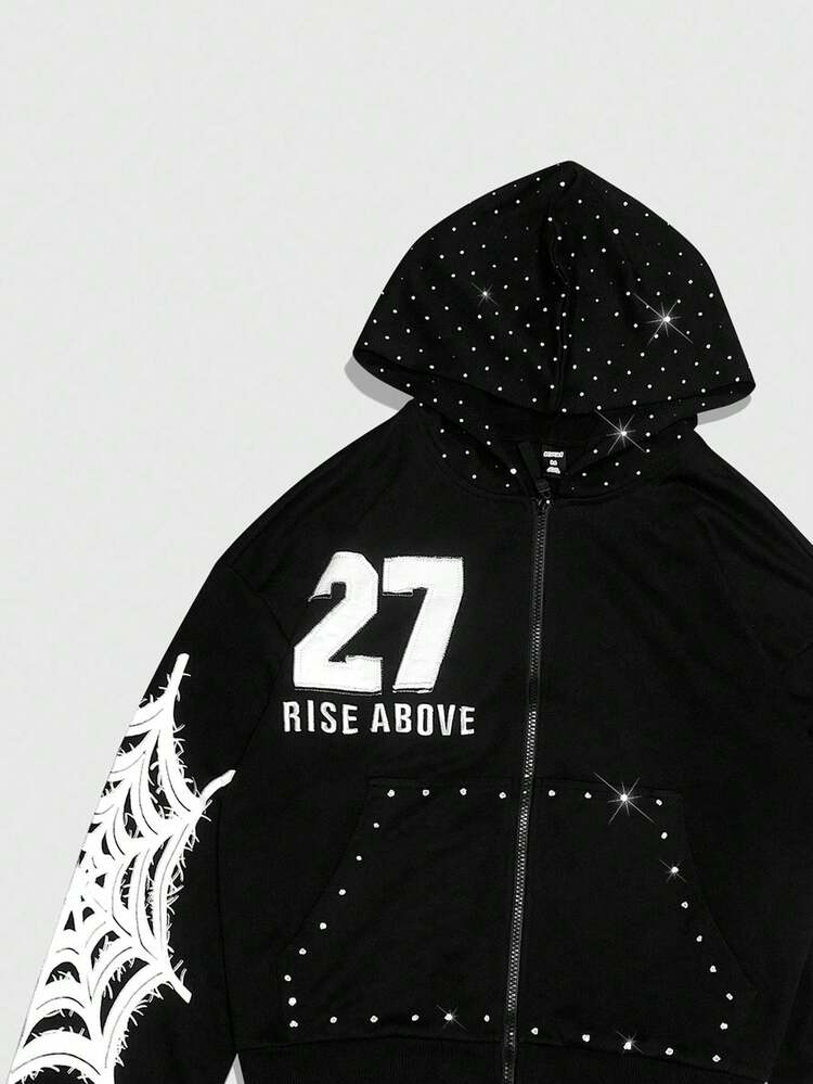 ROMWE MEN Street Life Men's Loose Fit Applique Spider Web Graphic Zip Up Hooded Sweatshirt , Fall - Black - View 4
