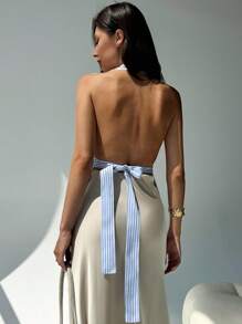 Aloruh 全新条纹贝壳织带装饰系带前露背吊带上衣 - 藍色 - 查看 2