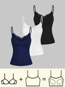SHEIN Essnce 3pcs/Set Casual Vacation Lace Patchwork Camisole