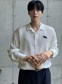 DAZY 男式刺绣图案白色半襟 Polo 领衬衫，春夏 - 白色 - 查看 4