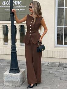 Serisse 2件套女士纯色前扣无袖上衣和长裤休闲装 - 棕色 - 查看 3