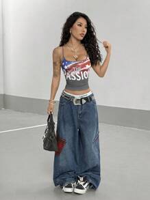 StreetHx Streetwear 女式复古星星字母撞色修身吊带背心 - 彩色 - 查看 4