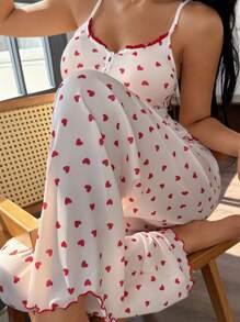 Eraneu Casual-Young Knitted Pajama Set With Heart Print And Spaghetti Straps For Women Heart Pajama Set Strawberry Pajama Set Heart Print Pajama Set Red Heart Pajamas Women Heart Pajamas  Cozy And Elegant Details - Apricot - View 3