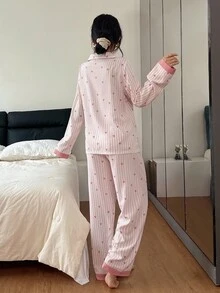Striped Heart Print Lapel Collar Pink Button Up Top & Pants Pajama Set, Fall Winter Clothes Cozy And Elegant Details Women Pajama Set Pink Pajama Set Heart Pajama Set Striped Pajama Set Button Up Pajama Set
