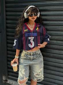 Slaydiva 女士休闲 V 领宽松 3/4 袖网眼 T 恤，条纹数字，适合夏季，适合运动游戏