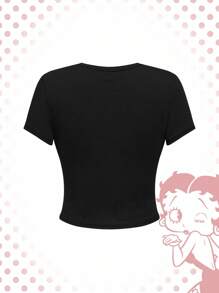 Betty Boop | ROMWE Women's Letter & Cartoon Figure Graphic Tight Cropped Round Neck Short Sleeve T-Shirt - Black - View 2