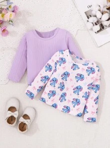 SHEIN 2 件女婴休闲纯色长袖上衣和卡通印花长袖上衣