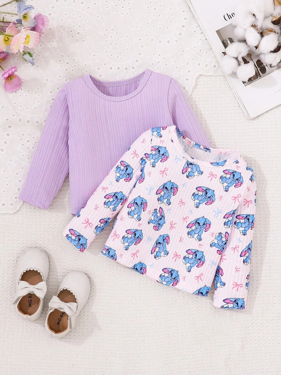 SHEIN 2 件女婴休闲纯色长袖上衣和卡通印花长袖上衣