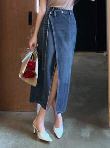 DAZY 女士夏季开衩腰部设计性感休闲牛仔裙 - 中等水洗藍 - 查看 6