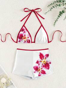 Swim SXY Bộ 2 món/Bộ đồ bơi bikini họa tiết hoa mới mùa hè cổ yếm hình tam giác & quần hipster gợi cảm thanh lịch, thích hợp đi biển, hồ bơi, tiệc tùng - Nhiều màu - Xem 4