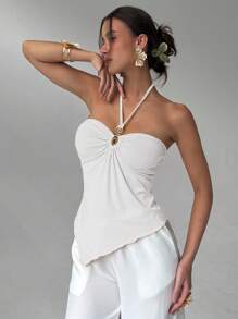 Aloruh Women's Solid Color Halter Neck Ruched Backless Asymmetric Hem Camisole,Halter Top - White - View 5