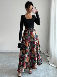 Elenzga Váy chắp vá hoa jacquard thanh lịch dành cho nữ - màu đen - Xem 4