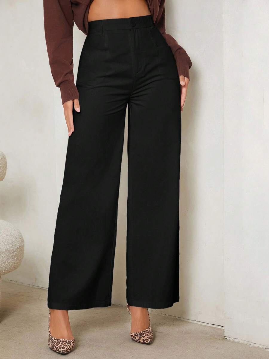 SHEIN Tall Women's Casual High Waist Wide Leg Pants, Solid Color Black Pants,Fall, Tall Women - Black - View 1
