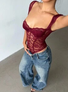 Aloruh Anker 红色性感蕾丝紧身衣 - 酒紅色 - 查看 7