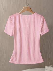 Everyssa Áo thun nữ cổ chữ V tay ngắn, đơn hàng khuy, màu trơn - Hồng - Xem 2