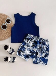 男嬰熱帶圖案補丁貼口袋背心上衣和短褲 - 藍白色 - 查看 2