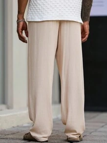 Manfinity Homme 男士休闲纯色抽绳腰裤男人造丝裤子男宽松裤子奶油色裤子男 - 卡其色 - 查看 2