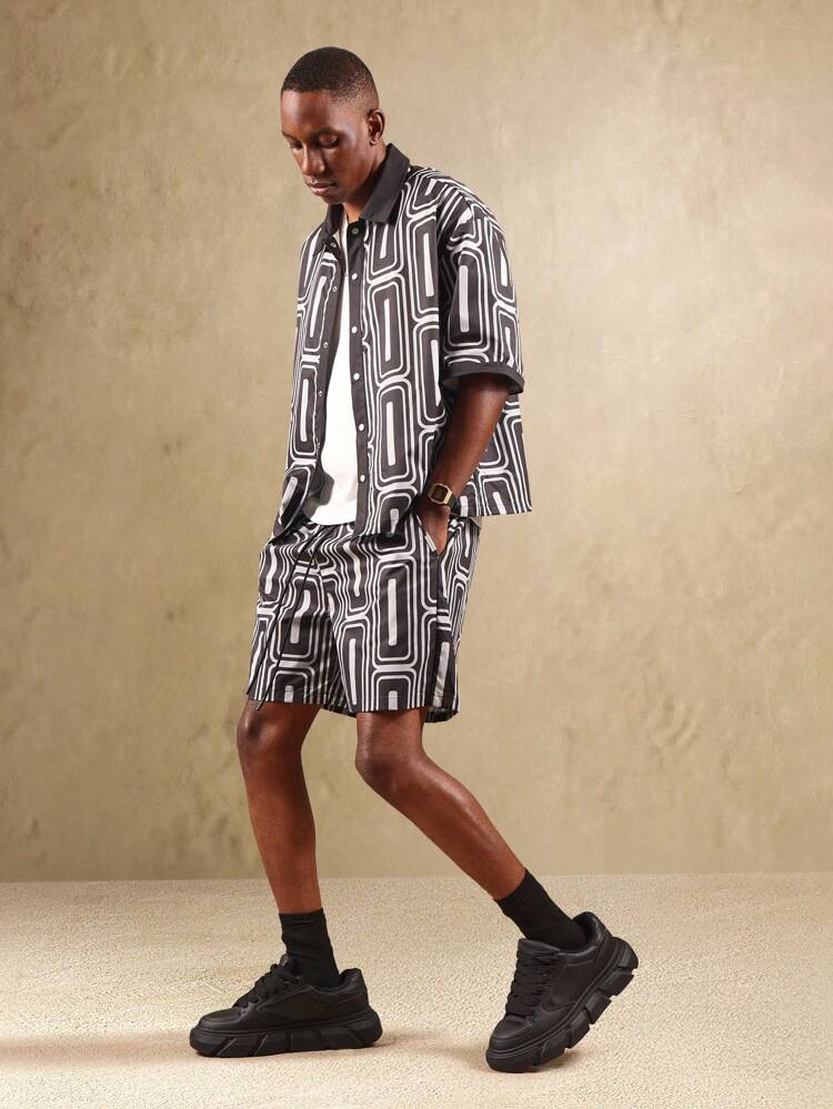 Geometric Pattern Button Down Shirt With Matching Shorts