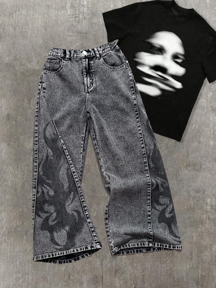 SHEIN Tween Boy Fashion Casual Y2k Vintage Cool Gothic Flame-Patterned Grey Loose Jeans For Kids Boy Soft Dailywear And Kids Summer And Fall Rave Festival And Beach Streetwear School Winter - Grey - View 6