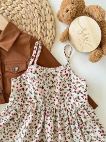 SHEIN 女婴碎花连体衣和棕色夹克套装，休闲百搭的秋冬装 - 彩色 - 查看 7