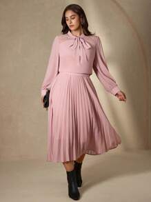 Chikora 大码纯色蝴蝶结装饰长袖上衣和百褶裙两件套女式百褶裙套装粉色百褶裙长袖粉色衬衫百褶中长裙粉色连衣裙女式粉色套装秋季服装大码商务休闲女式办公室服装女士工作服女士工作服 - 藕粉色 - 查看 7