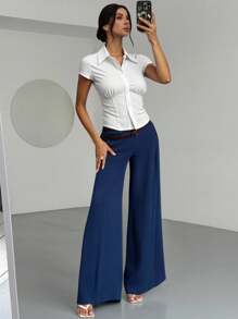 Firerie 女士新款简约优雅日常休闲百搭高腰褶皱设计宽松阔腿裤，适合夏季、办公室穿着、秋季女士、返校、女士办公室、办公室、机场、旅行机场、外出 - 藏蓝色 - 查看 8