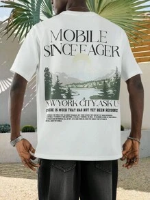 Manfinity RSRT Camiseta casual de verano para hombre con estampado de paisaje y eslogan - Blanco - Ver 1