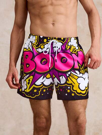 Surfspeed Men's BOOM! Graphic Explosion Print Vibrant Pop Art Style Beach Shorts, Suitable For Surfing, Pool, Summer Party