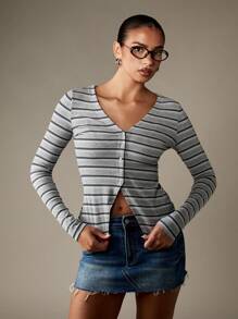 MISSGUIDED Long Sleeve Button Front Ribbed Cardigan V Neck Fitted Cropped Knit Sweater Fall Winter Lightweight Layering Top Retro Y2K Style - Multicolor - View 5