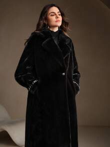 Anewsta Jaqueta de pele sintética de luxo feita à mão com gola de pele sintética de cristal e manga comprida para mulheres, adequada para outono/inverno, Natal, ano novo, festa, elegante, luxuosa, formal, chique, preta