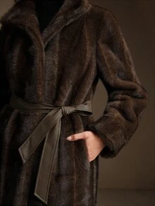Anewsta 奢华复古人造毛皮长袖直腰系带修身冬季外套夹克 - 棕色 - 查看 11