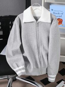 SHEIN Tween Boy Casual Zip-Up Cardigan Sweater, Simple Stylish Contrast Collar, Back To School - Grey - View 7