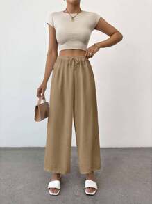 EURMUSE Pantaloni casual da donna in cotone di taglia piccola, con nodo, monocolore - Moka Marrone - Visualizzare 7