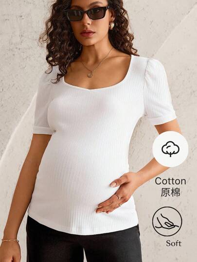 MaterniWear Maternity Square Neck Casual Slim Fit Short Sleeve T-Shirt, Summer  Old Money Style Women   Work/Office Maternity Shirts Maternity Tops  All White  Work Tops   Work Outfits For Women  Going Out Tops Women