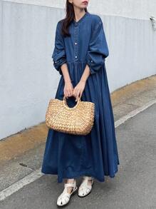 FRIFUL 女式休闲宽松牛仔连衣裙 - 深色水洗藍 - 查看 2