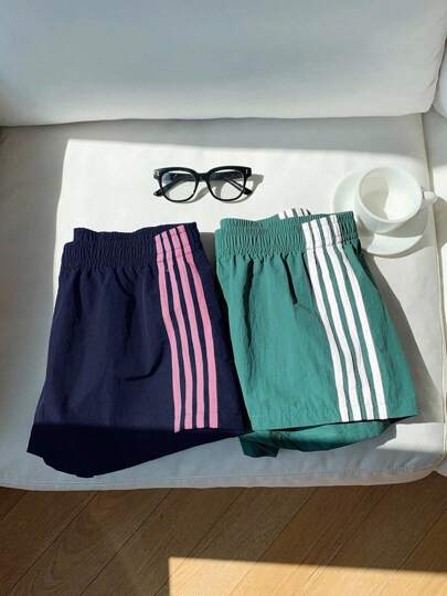 Comfortcana Colorful Semi-Sheer Women's Mini Shorts With Elastic Waist And Sporty Striped Design 2 Piece Shorts Set