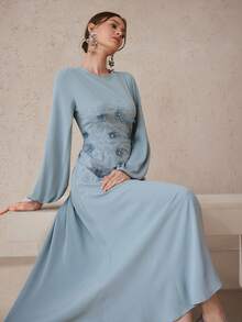 Modelyn Women's Round Neck Long Sleeve Lantern Sleeve Embroidered Beaded Long Dress - Green - View 2