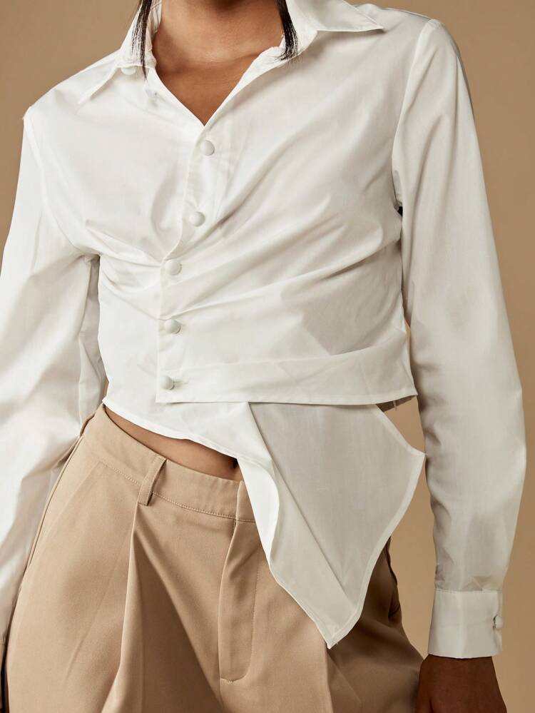 MISSGUIDED Asymmetrical Crop Button Down Shirt Long Sleeve Collared Blouse Ruched Fitted Office Wear Professional Business Casual Spring Fall Fashion