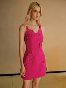 MOTF PREMIUM STEREO FLOWER DETAIL SHORT SLIP DRESS - Hot Pink - View 1