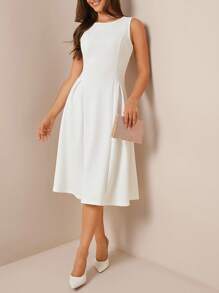 Amorya Women Round Neck Sleeveless Dress With Split Hem And Structural Design,White Graduation Dress Business Casual Woman Night Out Teacher Outfits For Women Church Outfits Women