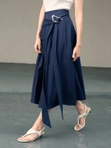 Uhlyne 优雅休闲亚麻系带长裙 - 藏蓝色 - 查看 8