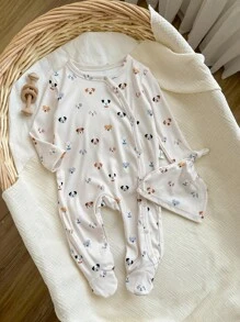 2 件装新生男婴可爱小狗印花圆领前开长袖连体衣带扭结帽，柔软舒适家居服套装 - 卡其色 - 查看 5